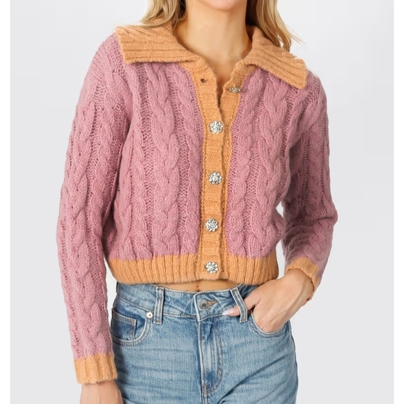 rich & Famous Sweaters - Rich & Famous NWT Sicily Crop Cardigan Sweater Grannycore Knit Collar Bling Boxy